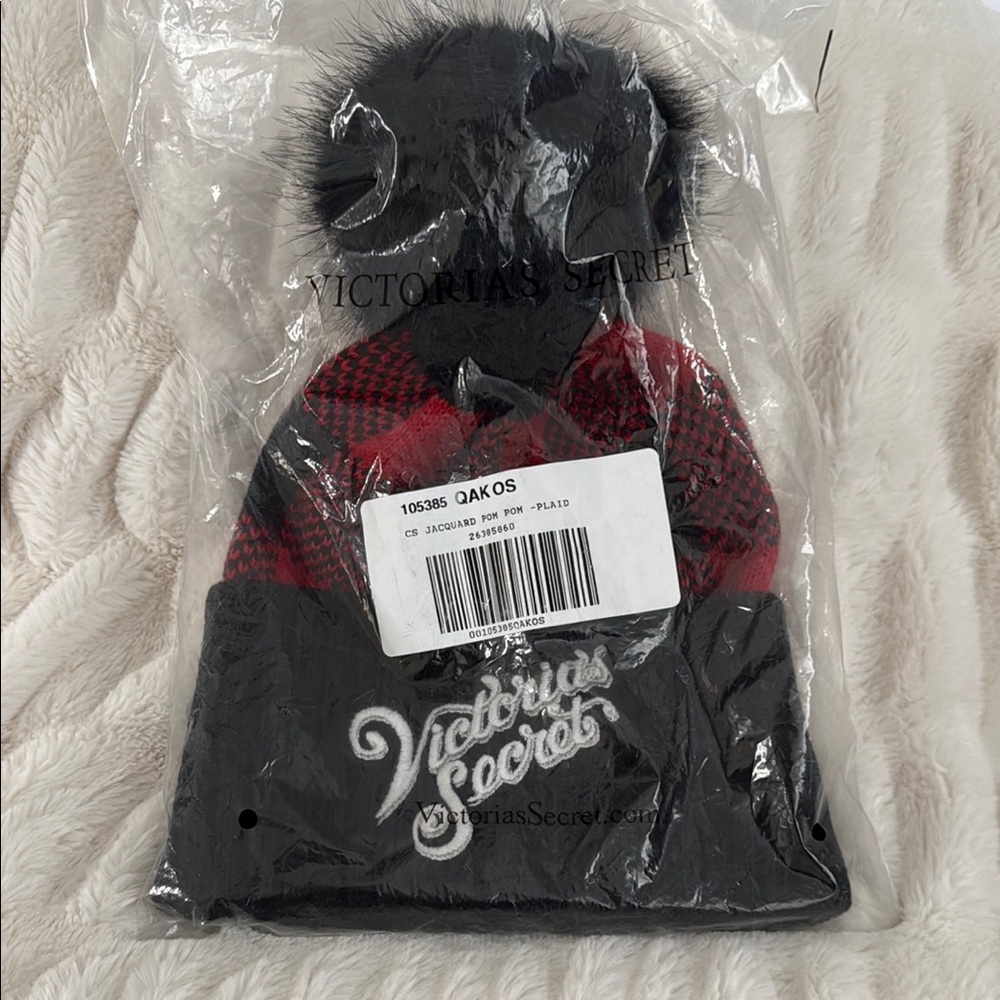 Victoria's Secret Red and Black Pom-Pom Beanie